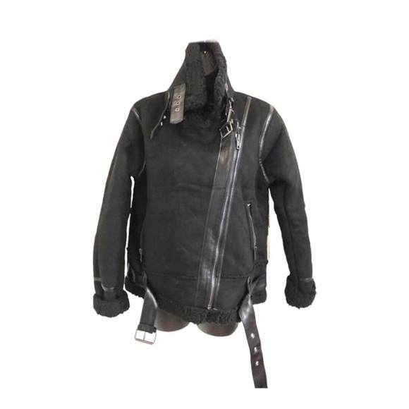 Black moto bomber buckled faux shearling biker jacket coat size small new - Picture 7 of 16